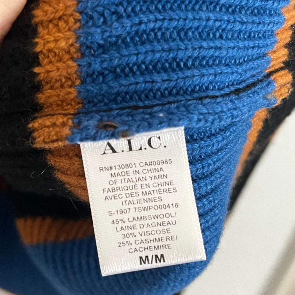 ALC Striped Oversized Wool Cashmere Crewneck Sweater Black Blue Medium